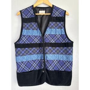 Vintage Susan Bristol Blue Black Plaid Patchwork Corduroy Vest Womens Large